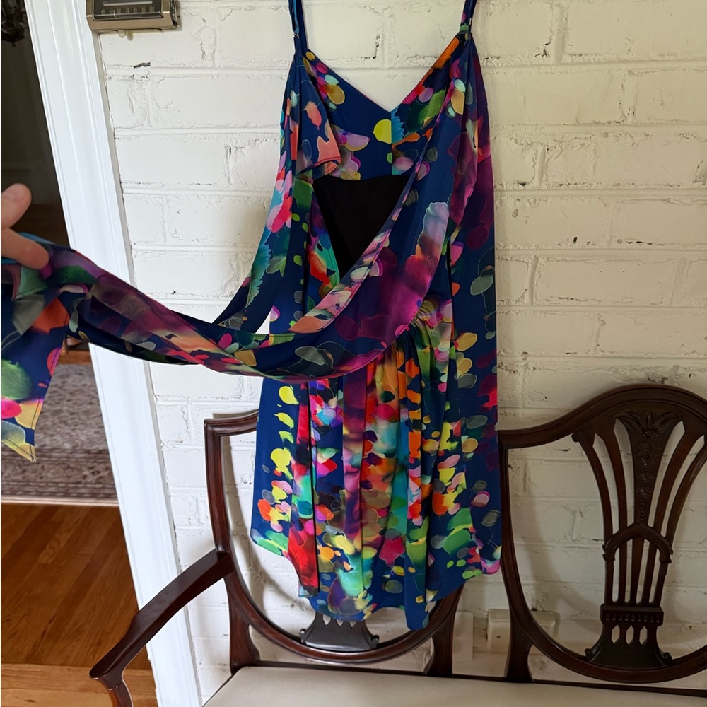 RARE Amanda Uprichard Abstract Colorful Backless Sleeveless Dress 100% Silk